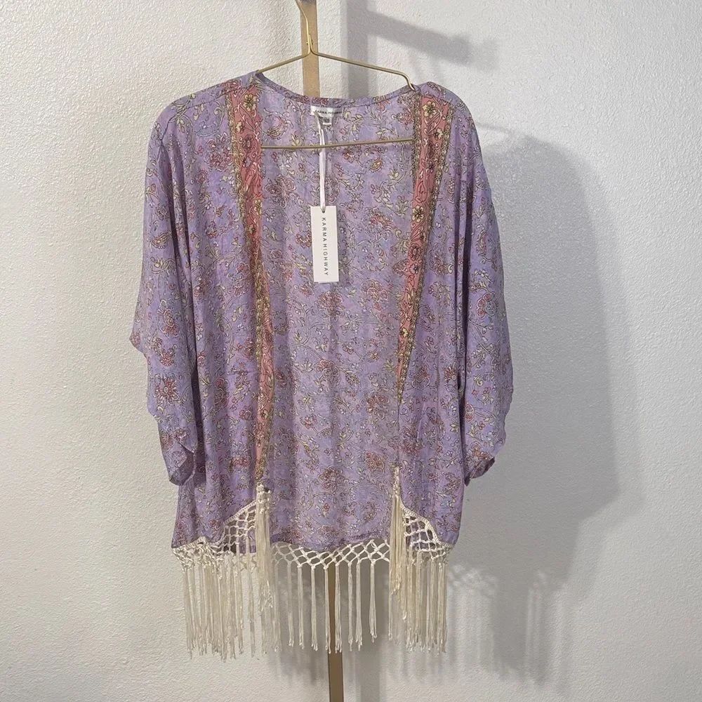 Karma Highway Lavender Floral Kimono with fringe- one size